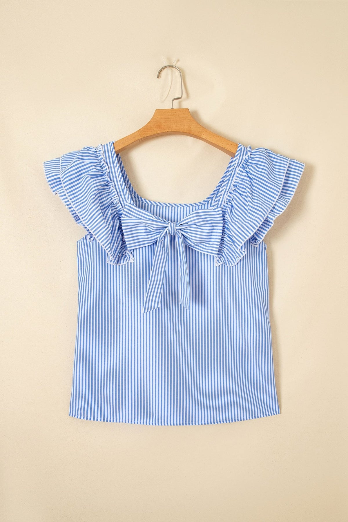 Sky Blue Stripe Square Neck Bow Decor Frilly Ruffled Short Sleeve Blouse - Kinfolk Customs LLC