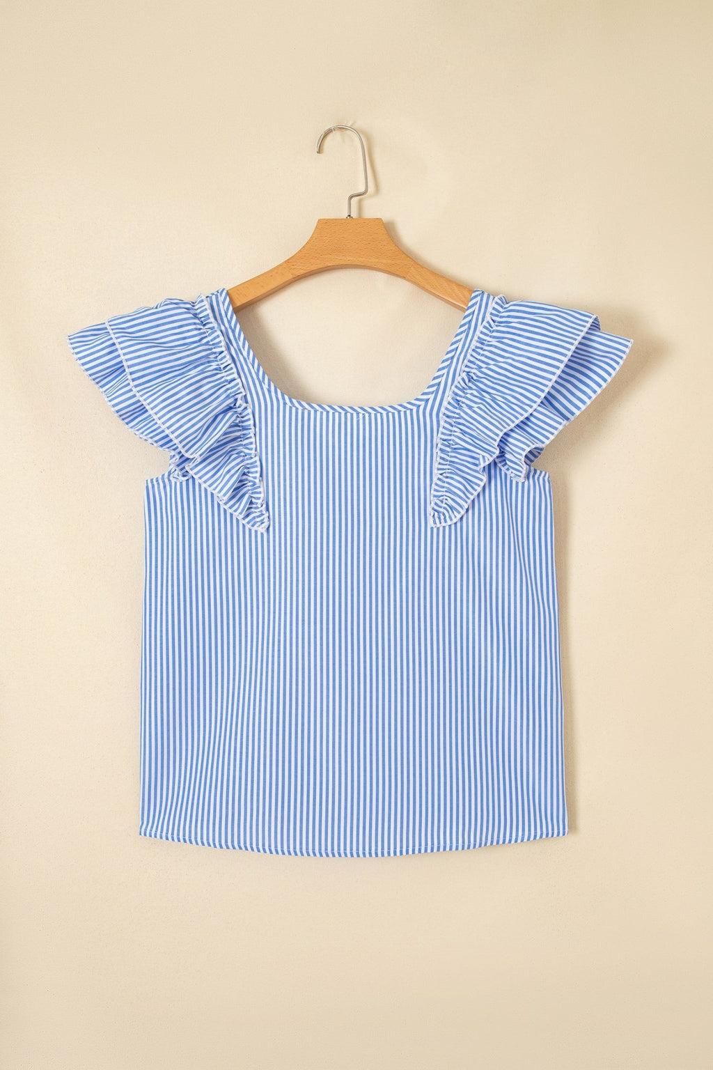 Sky Blue Stripe Square Neck Bow Decor Frilly Ruffled Short Sleeve Blouse - Kinfolk Customs LLC