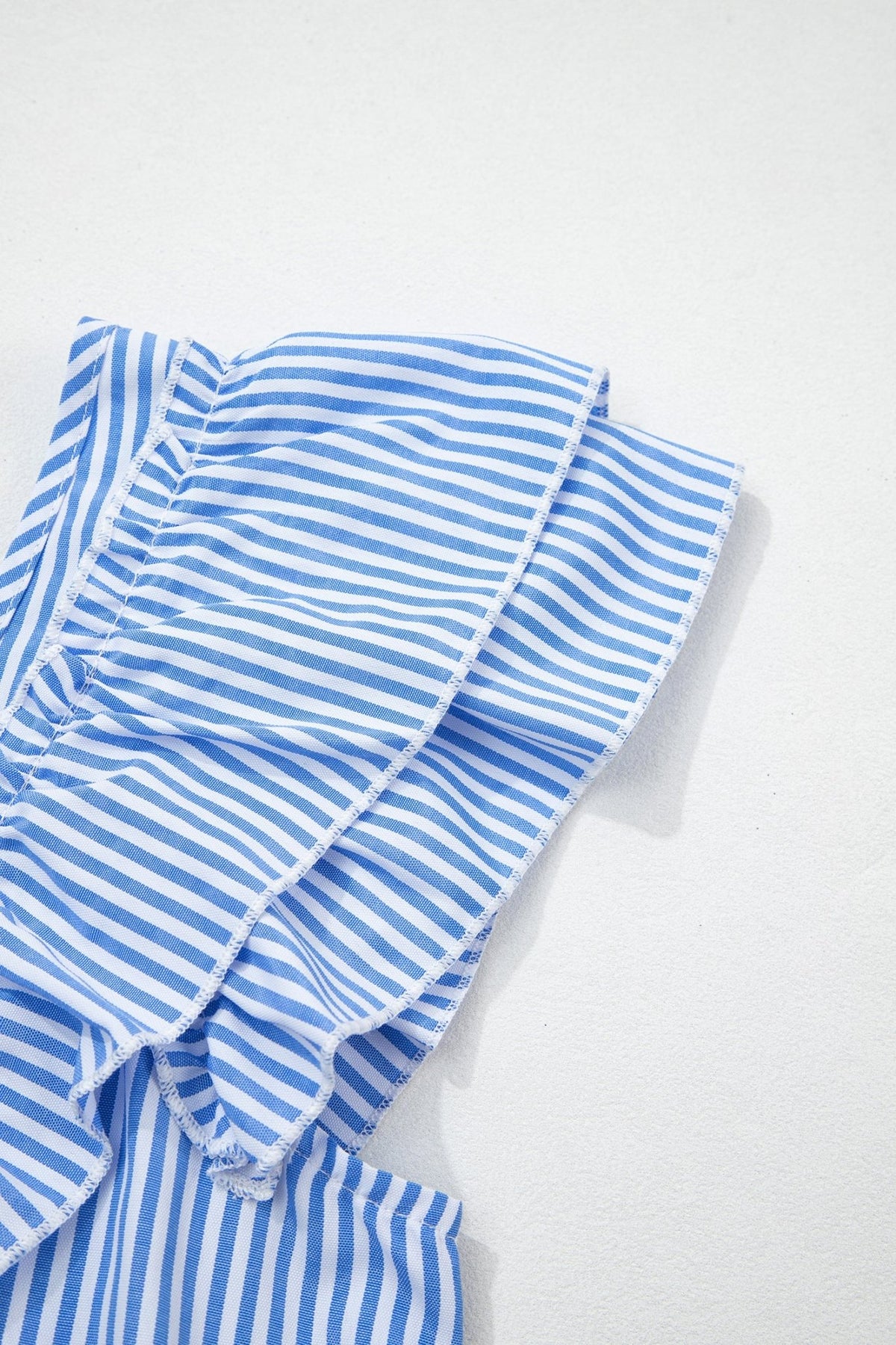 Sky Blue Stripe Square Neck Bow Decor Frilly Ruffled Short Sleeve Blouse - Kinfolk Customs LLC