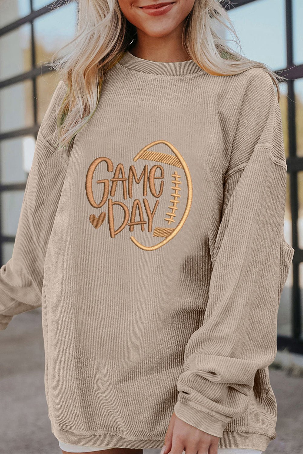 Smoke Gray Twisted Rib Texture game day Rugby Embroidered Baggy Sweatshirt - Kinfolk Customs LLC