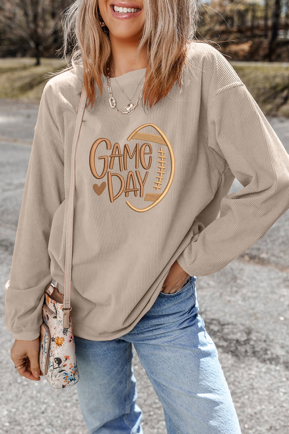 Smoke Gray Twisted Rib Texture game day Rugby Embroidered Baggy Sweatshirt - Kinfolk Customs LLC