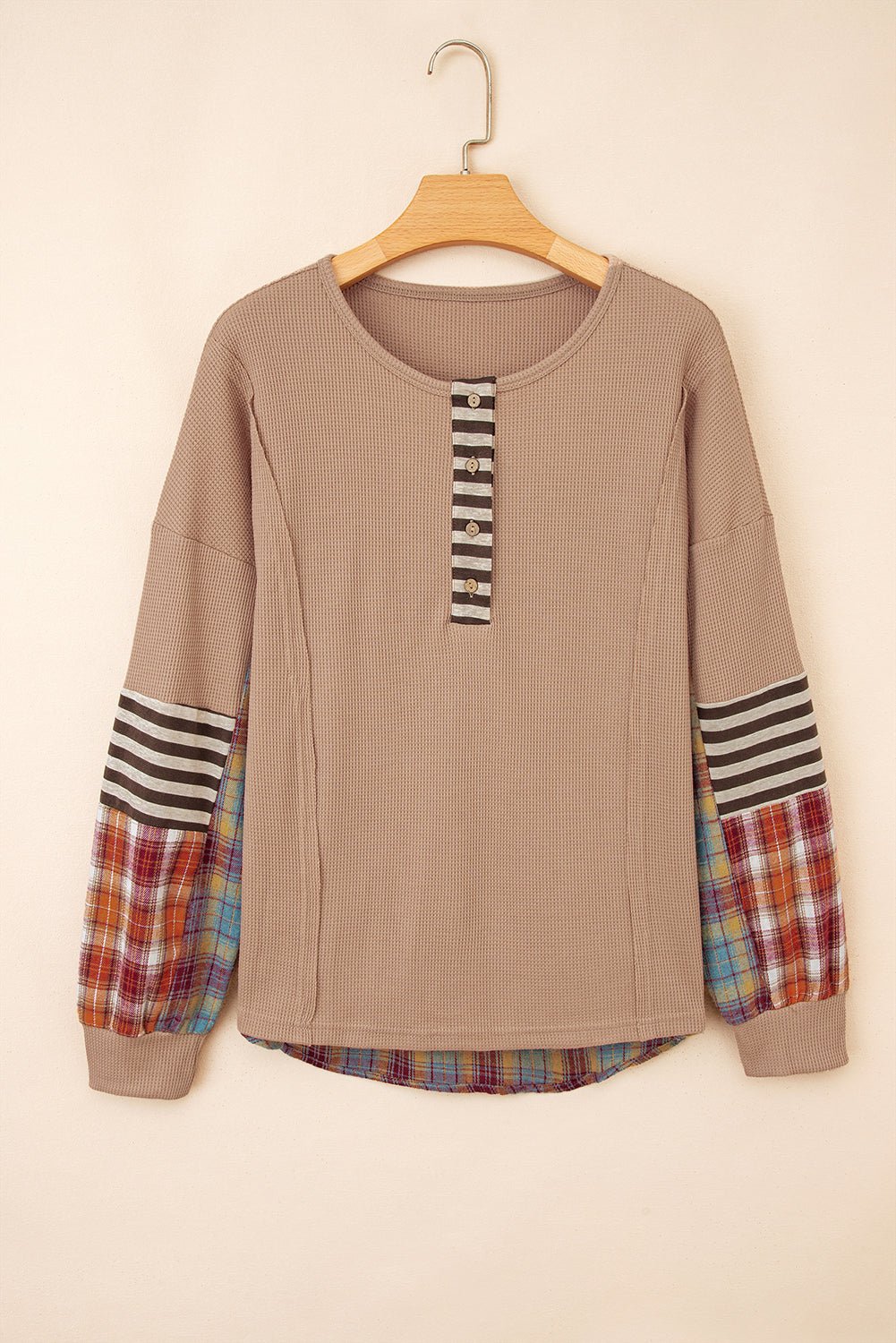 Straw Yellow Waffle Stripe Plaid Patchwork Henley Knit Top - Kinfolk Customs LLC
