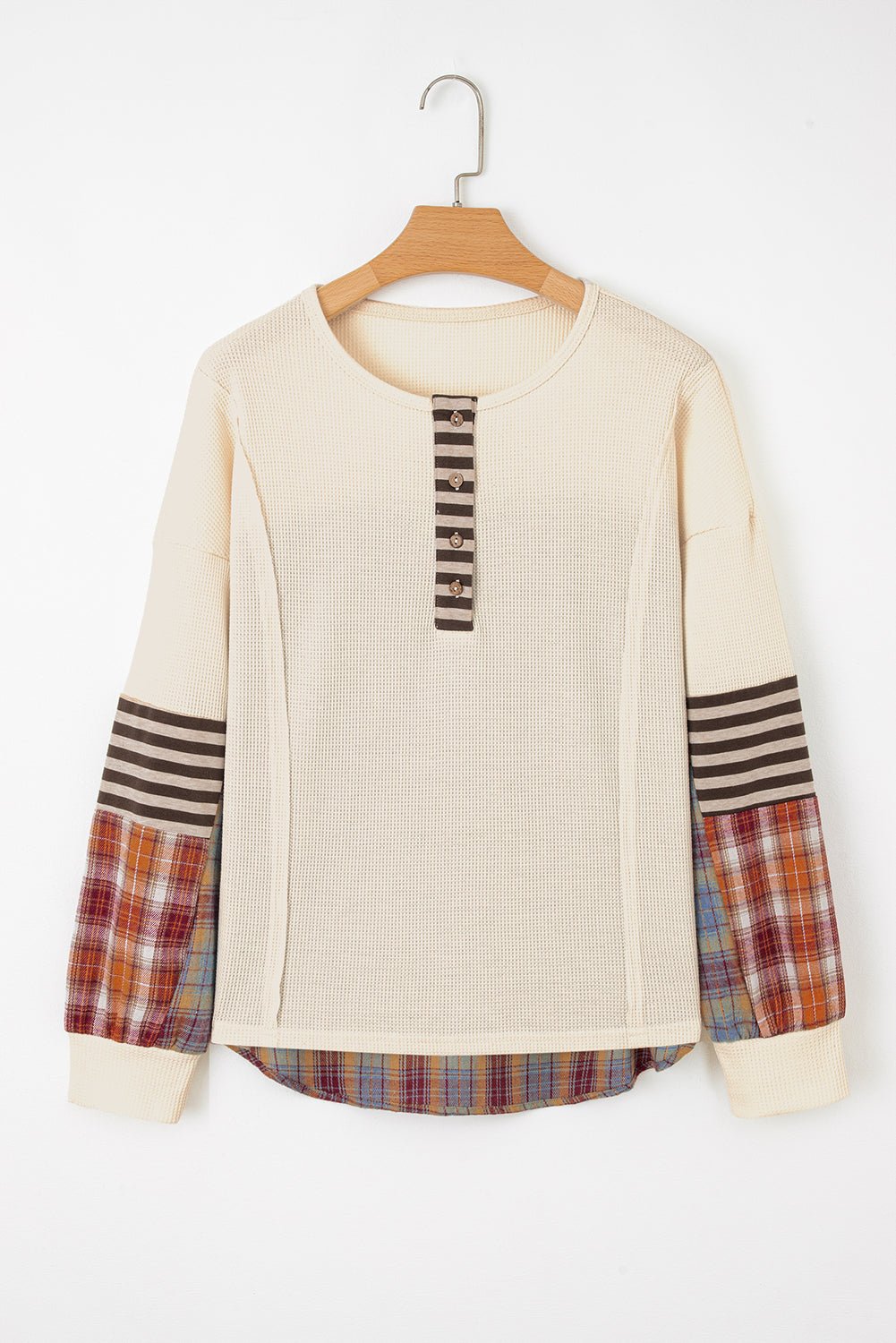Straw Yellow Waffle Stripe Plaid Patchwork Henley Knit Top - Kinfolk Customs LLC