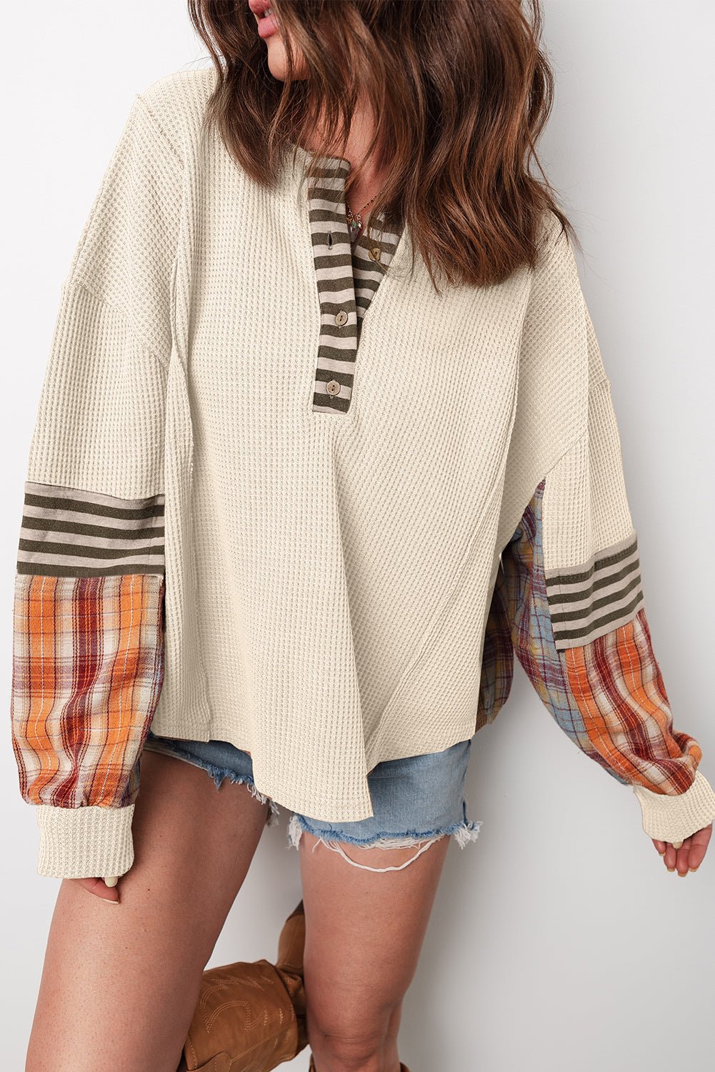 Straw Yellow Waffle Stripe Plaid Patchwork Henley Knit Top - Kinfolk Customs LLC