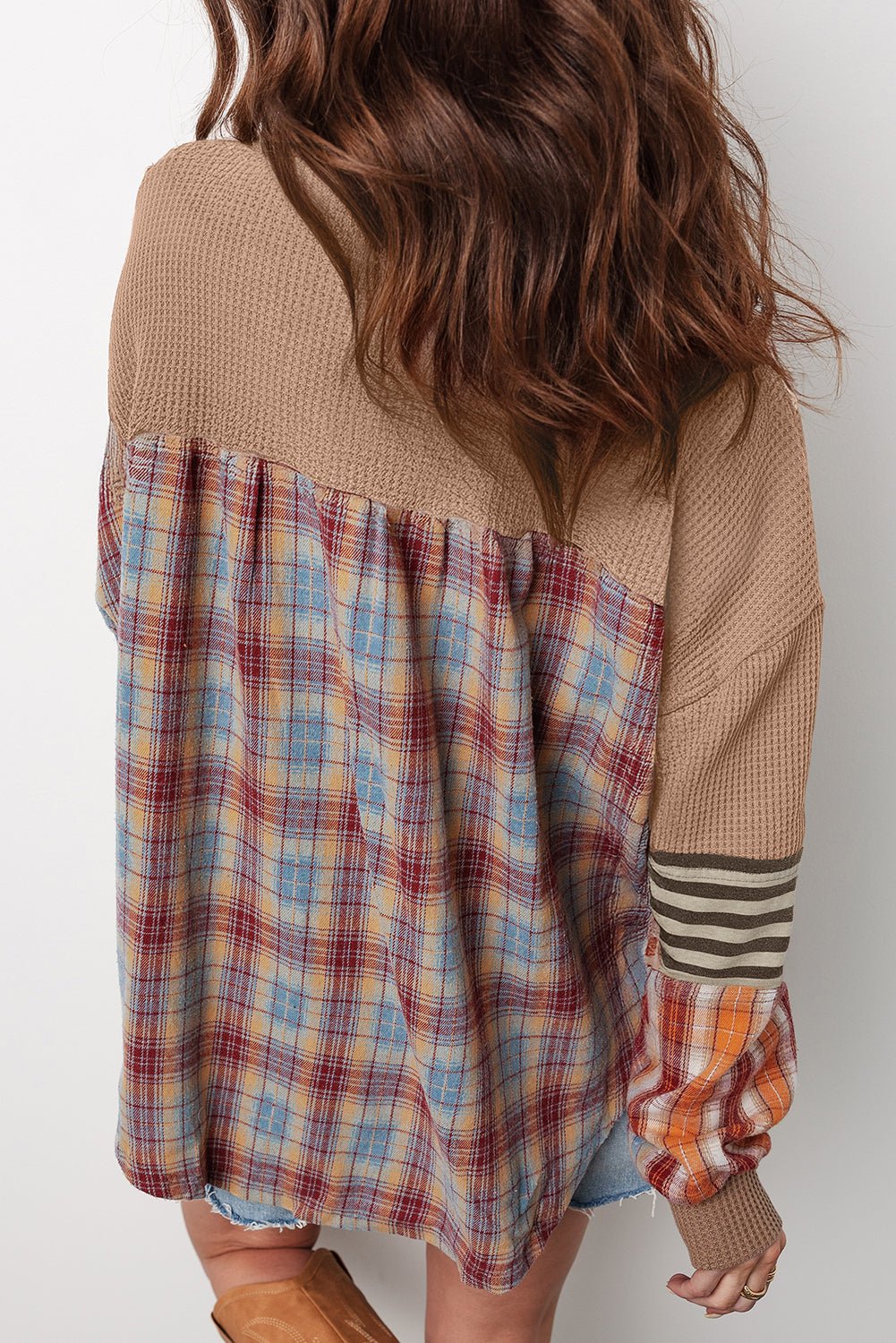 Straw Yellow Waffle Stripe Plaid Patchwork Henley Knit Top - Kinfolk Customs LLC