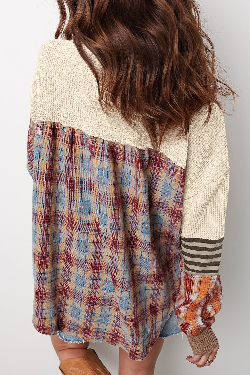 Straw Yellow Waffle Stripe Plaid Patchwork Henley Knit Top - Kinfolk Customs LLC