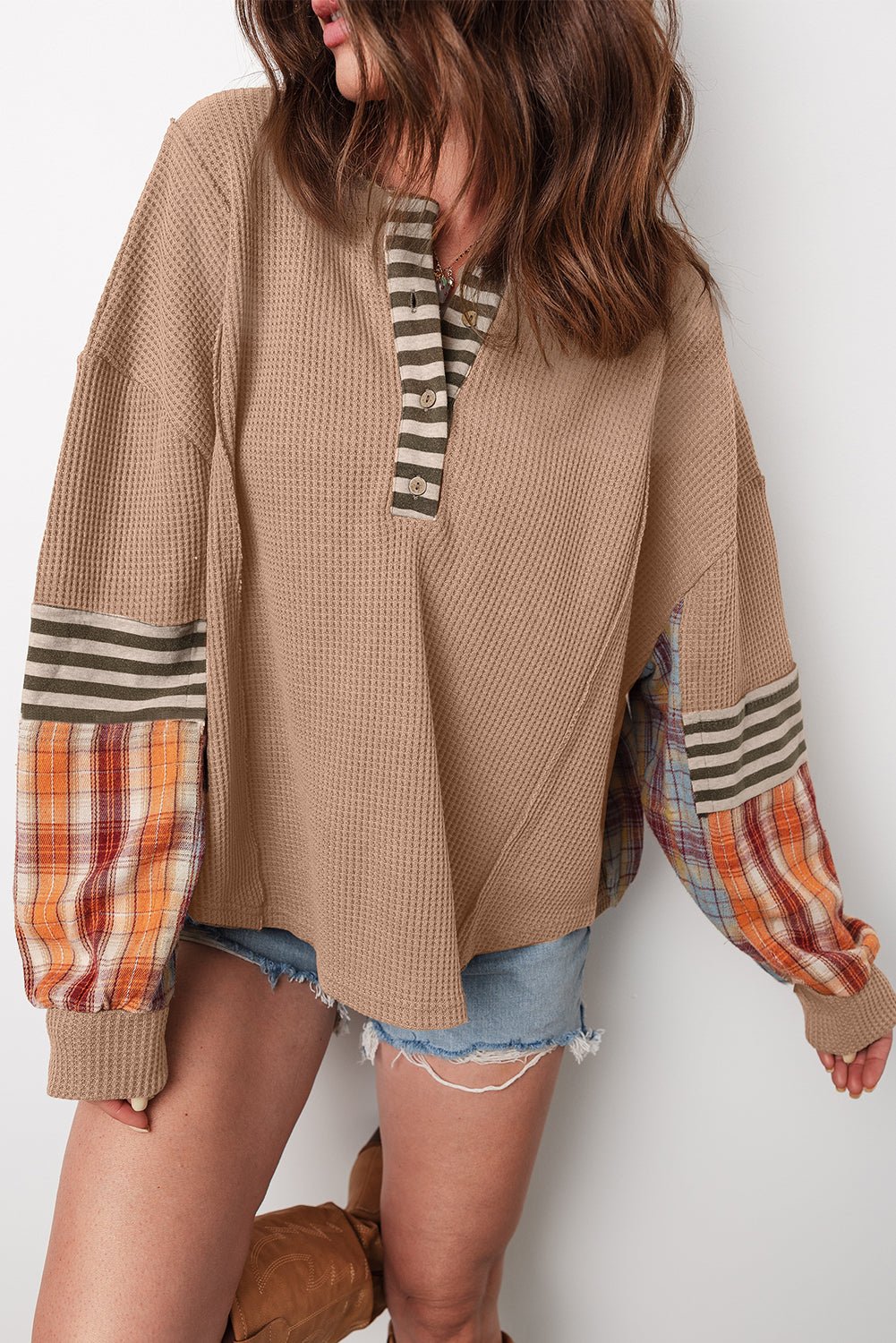 Straw Yellow Waffle Stripe Plaid Patchwork Henley Knit Top - Kinfolk Customs LLC