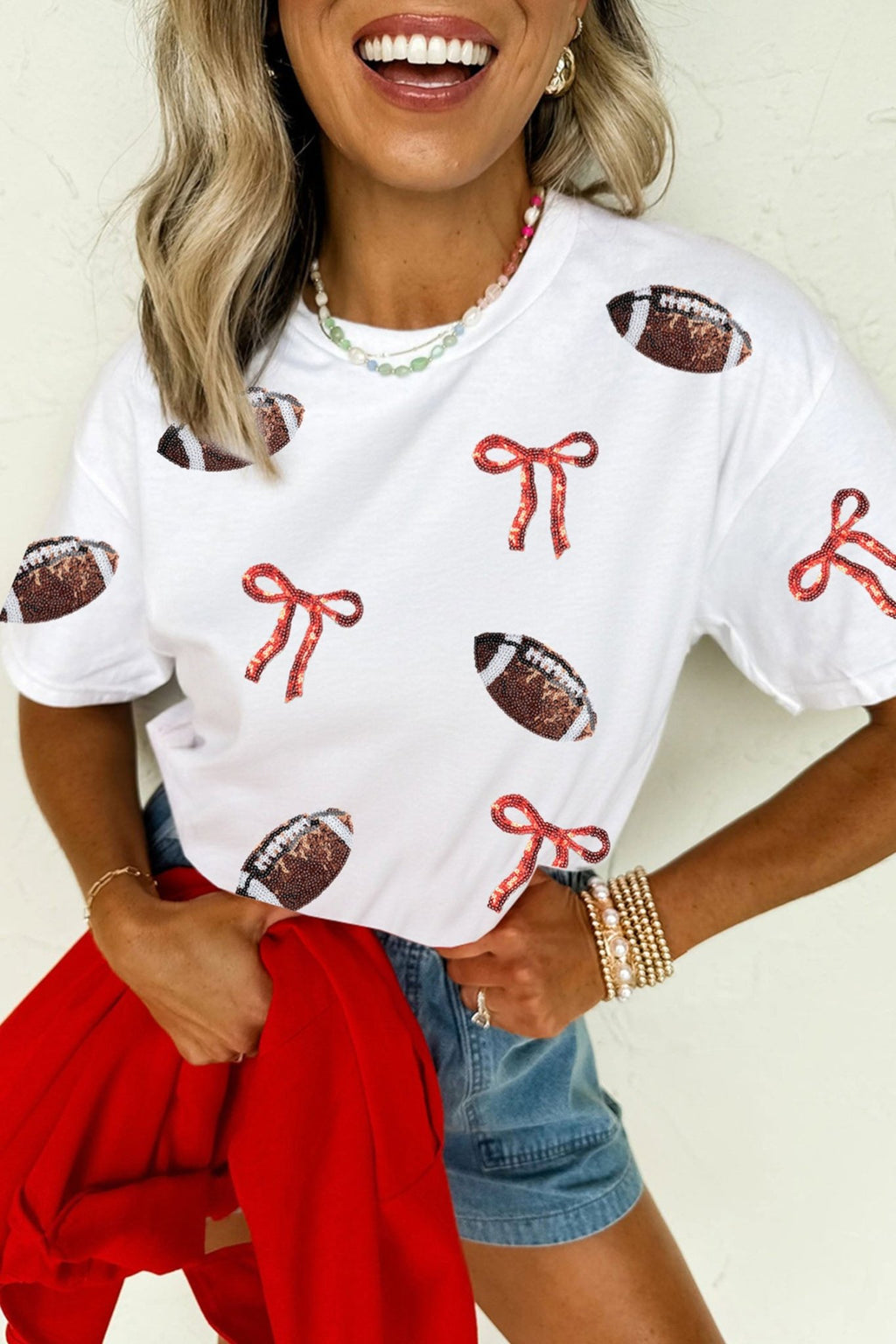 White Sequin Rugby Bow Print Round Neck Casual Shift Tee - Kinfolk Customs LLC