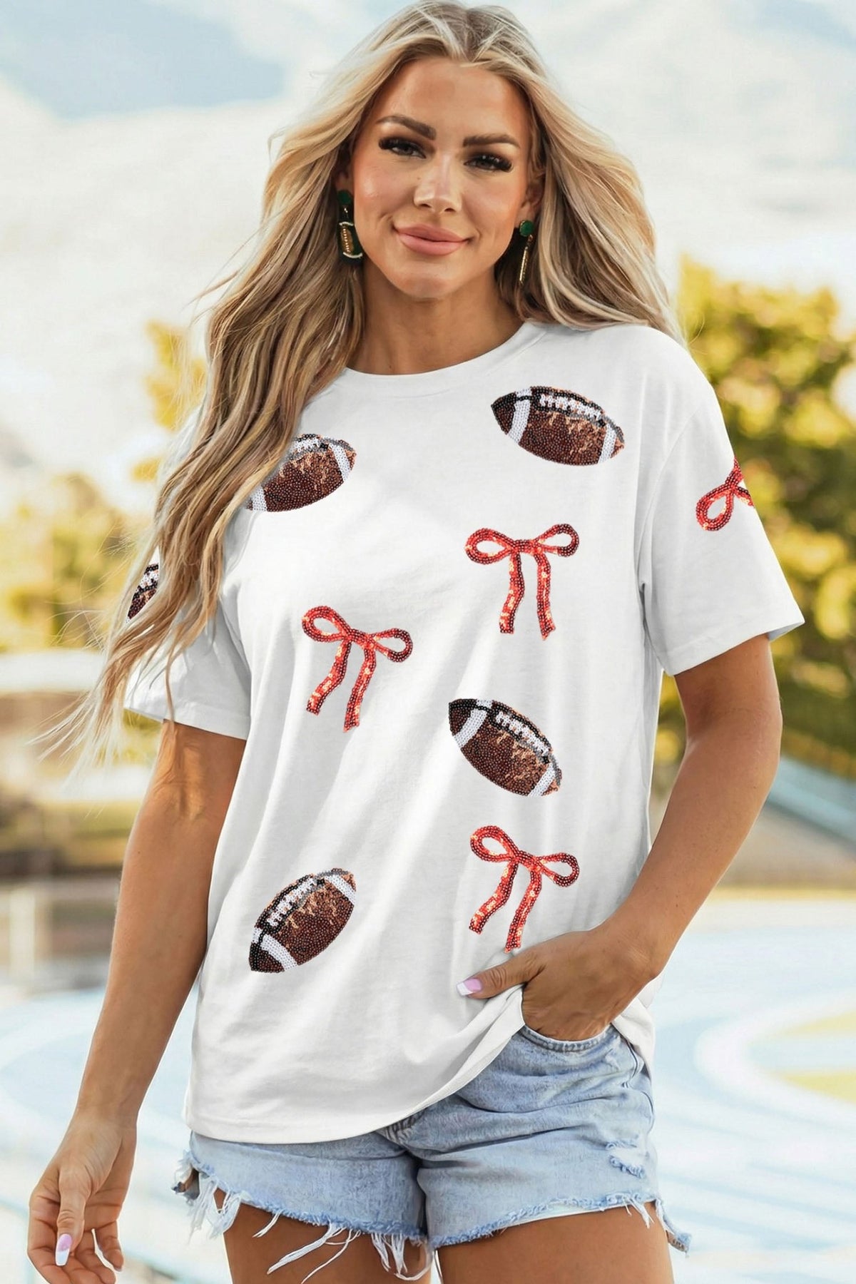White Sequin Rugby Bow Print Round Neck Casual Shift Tee - Kinfolk Customs LLC