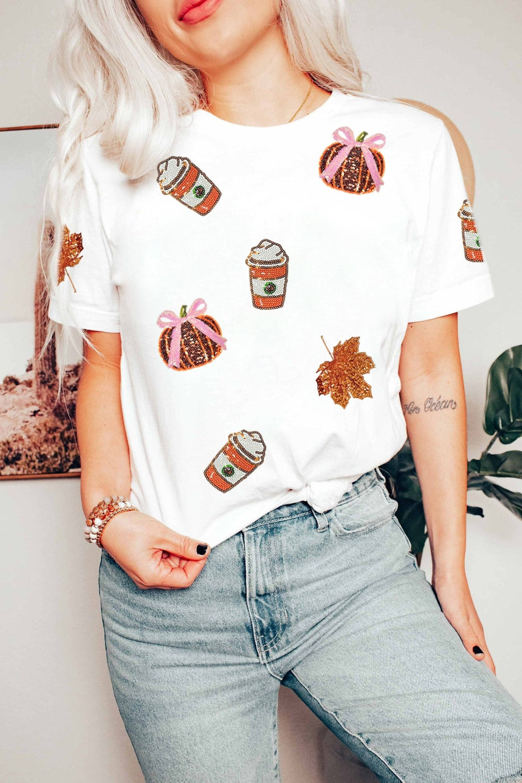 White Sequined Pumpkin Fall Graphic Casual Shift T Shirt - Kinfolk Customs LLC