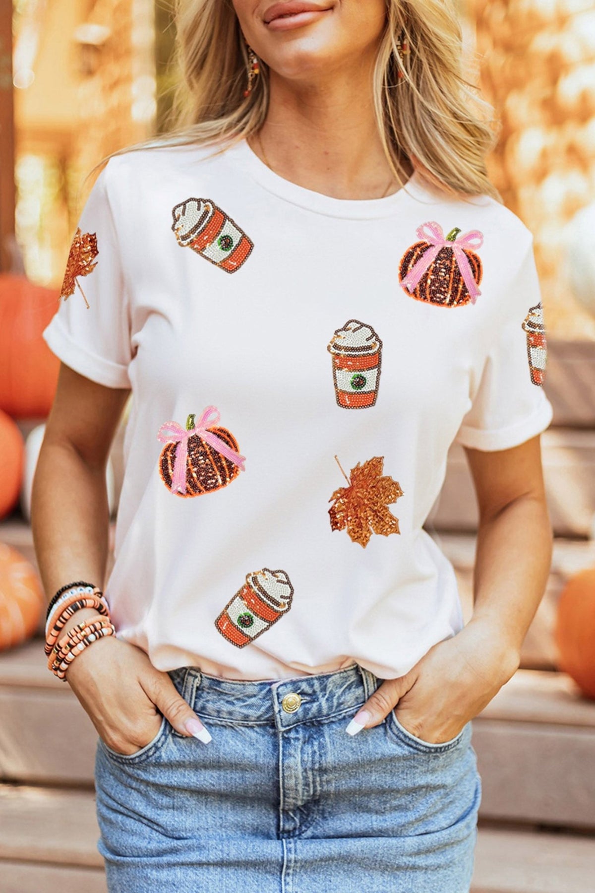 White Sequined Pumpkin Fall Graphic Casual Shift T Shirt - Kinfolk Customs LLC