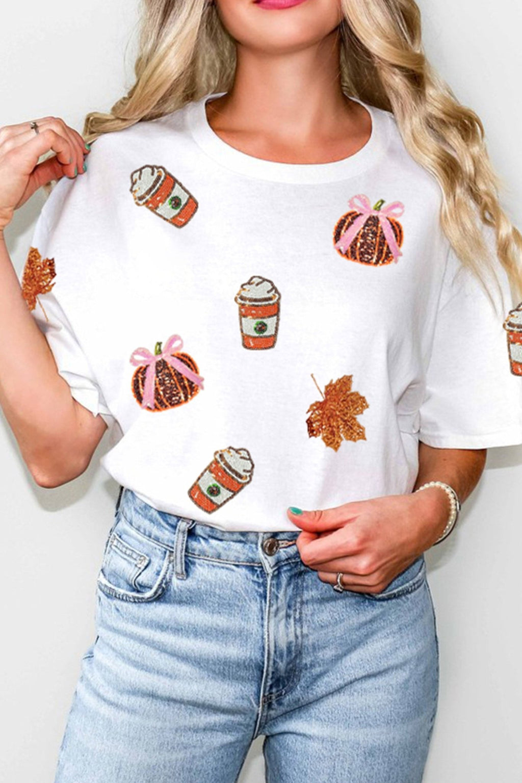 White Sequined Pumpkin Fall Graphic Casual Shift T Shirt - Kinfolk Customs LLC