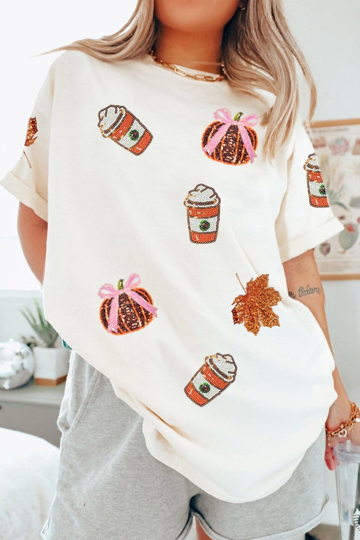 White Sequined Pumpkin Fall Graphic Casual Shift T Shirt - Kinfolk Customs LLC
