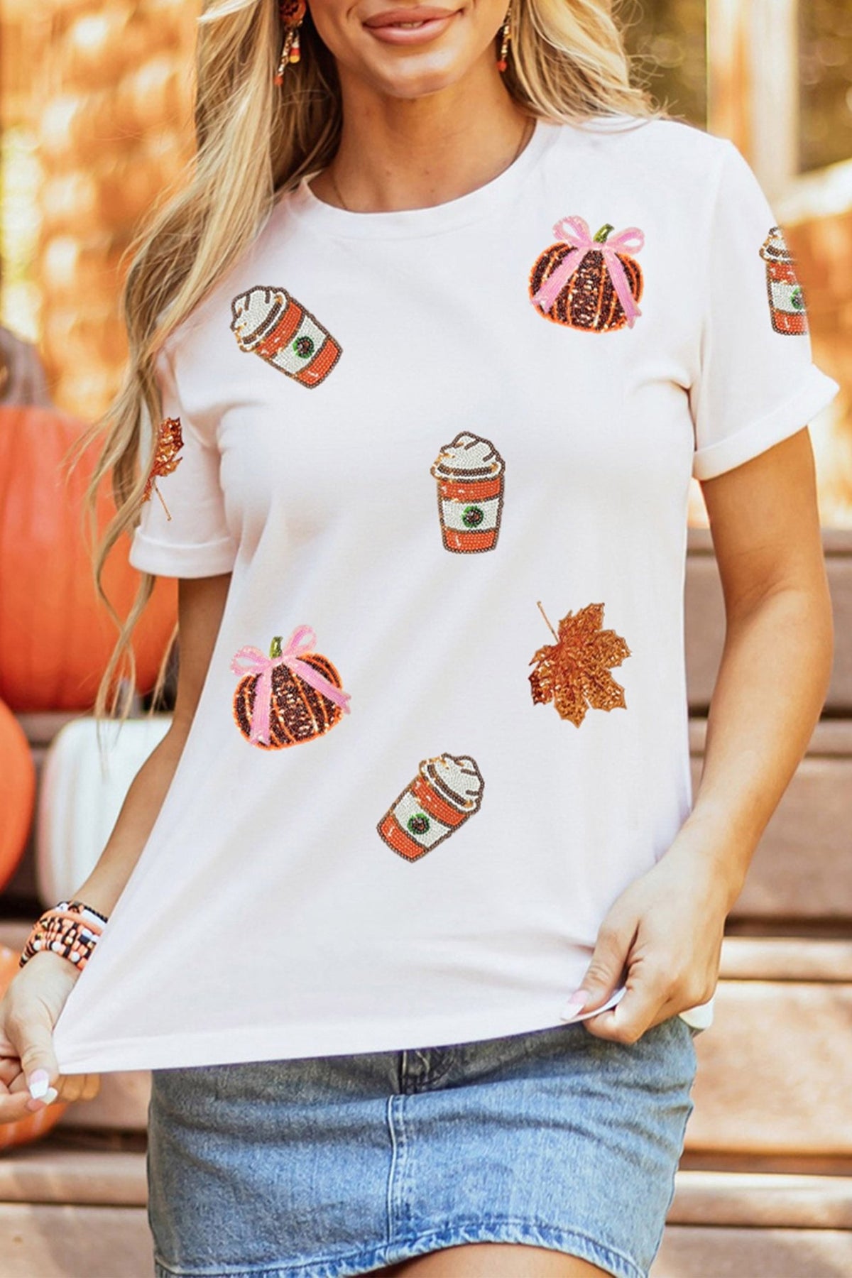 White Sequined Pumpkin Fall Graphic Casual Shift T Shirt - Kinfolk Customs LLC